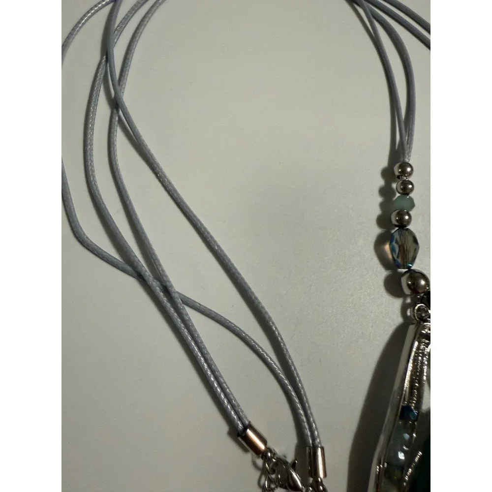 Silver Tone Green Stone Triangle Pendant Multi Strand Cord Necklace Boho